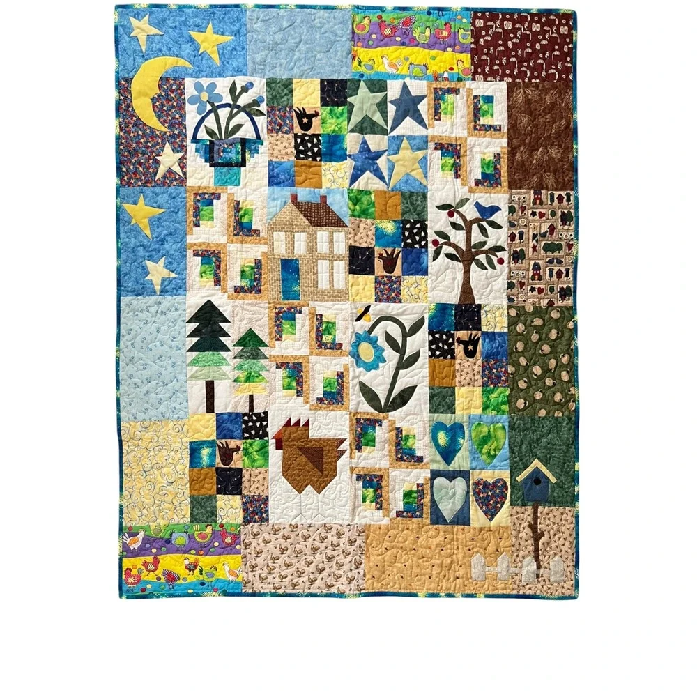 Handmade Folk Art Sampler Quilt Throw 61x50 Appliqué Cottage Country